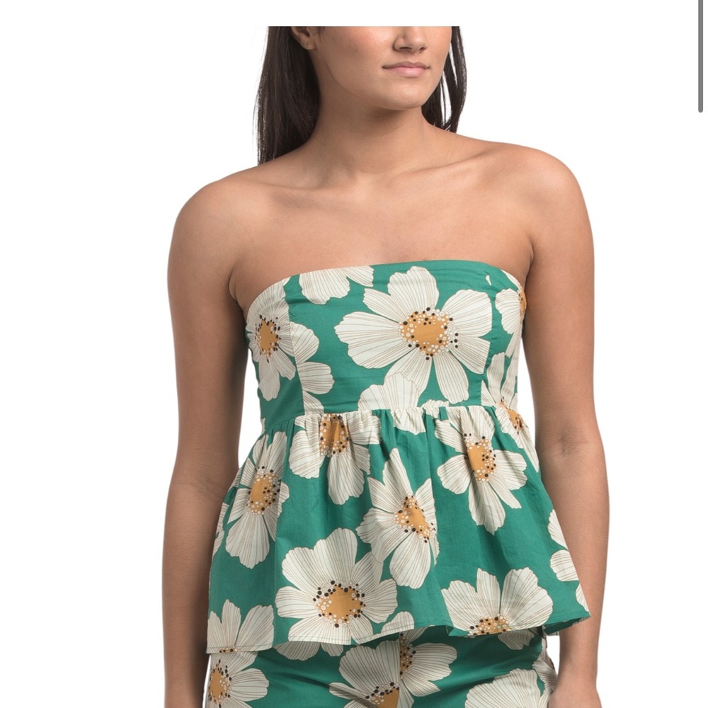 ENDLESS ROSE Green Strapless Peplum Top with White Daisy Print